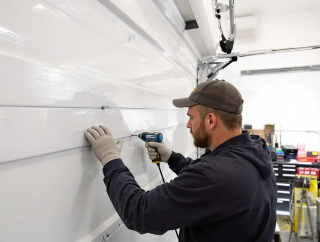 Kennesaw Garage Door Repair technician demonstrating precision dent removal techniques on a Kennesaw garage door