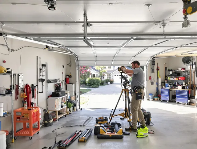 Kennesaw Garage Door Repair specialist performing laser-guided track alignment in Kennesaw